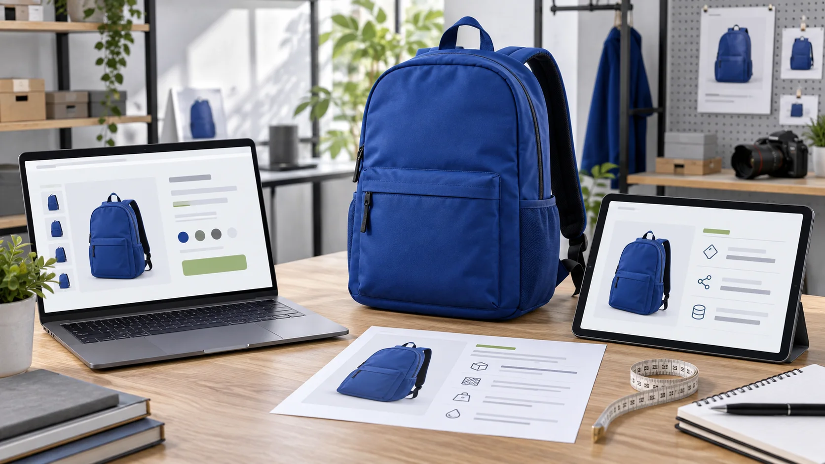A blue backpack and its product information on several screens