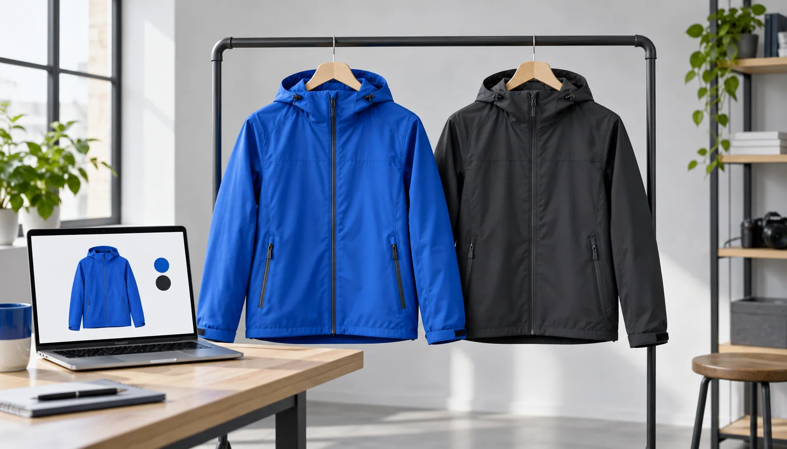 Blue and charcoal jackets with a product variant displayed on a laptop