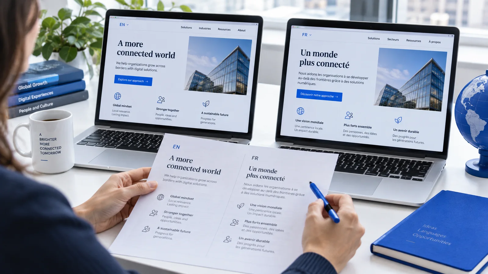 A multilingual website page pair shown on a laptop in a working setting