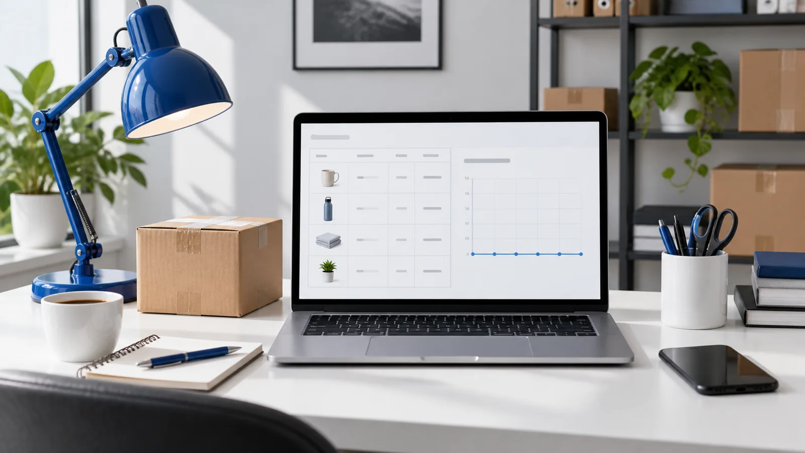 Blue desk lamp and a laptop with an illustrative product performance chart