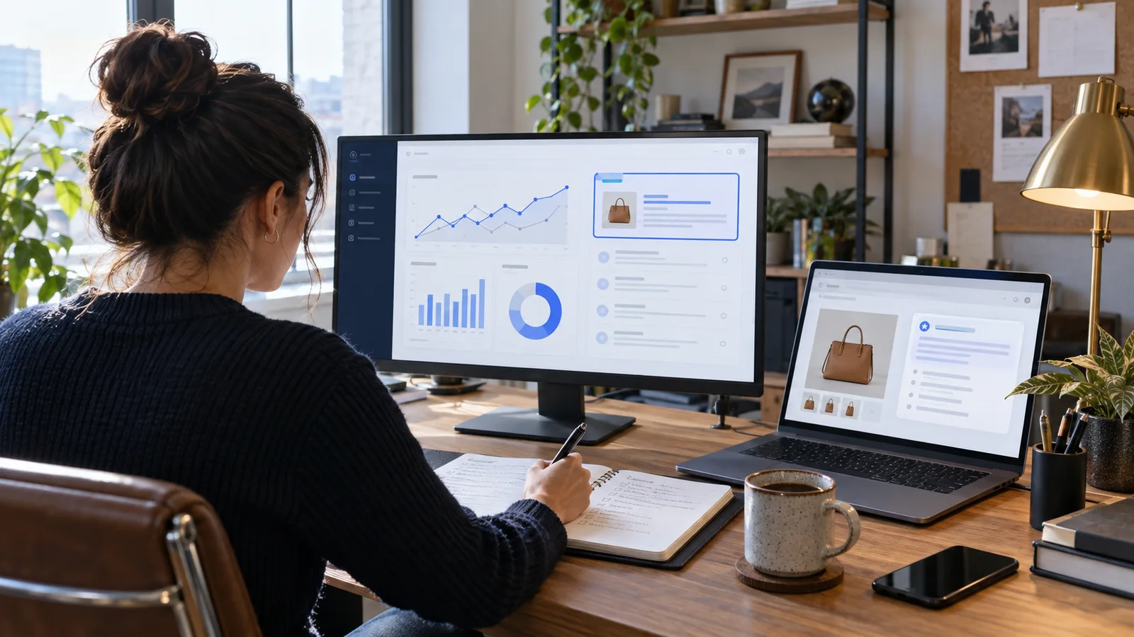 Ecommerce analyst comparing an analytics dashboard with a product page