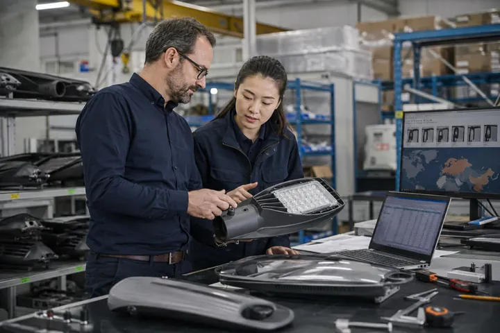 Export manager and product engineer inspecting a luminaire and multilingual product data